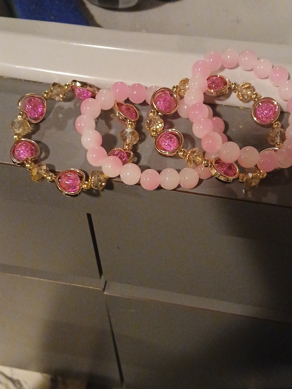 Pink Beaded Gold-Tone Stretch Bracelet Set - Gorgeous Set Of 4